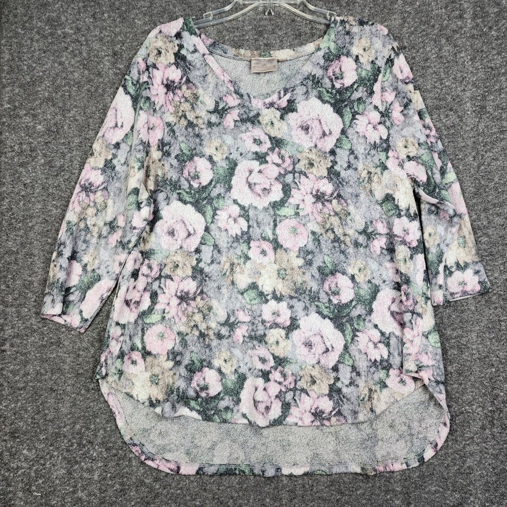 Dantelle Floral Tunic Top Womens 1X‎ Grey Pink 3/4 Sleeve V-Neck High-Low Hem